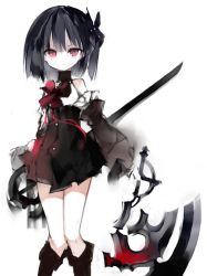 Rule 34 | 1girl, axe, black hair, boots, bow, detached collar, detached sleeves, dress, hair bow, kotatu (akaki01aoki00), looking at viewer, original, red eyes, ribbon, short hair, simple background, solo, sword, weapon, white background