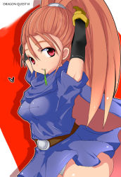 Rule 34 | 1girl, bad id, bad pixiv id, barbara (dq6), belt, dragon quest, dragon quest vi, dress, elbow gloves, female focus, forehead, gloves, heart, high ponytail, long hair, mouth hold, nephilimax, orange hair, panties, ponytail, red eyes, skirt, solo, underwear
