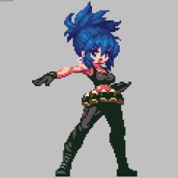 Rule 34 | 1girl, belt, black gloves, black tank top, blue eyes, blue hair, boots, clenched hand, earrings, full body, gas can, gloves, grey background, hair between eyes, high ponytail, jewelry, leona heidern, pixel art, ponytail, sakuemon, simple background, solo, tank top, the king of fighters, the king of fighters xiii, triangle earrings, watermark, web address