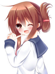 Rule 34 | 10s, 1girl, ;d, brown eyes, brown hair, esureki, finger to own chin, folded ponytail, inazuma (kancolle), kantai collection, looking at viewer, looking back, one eye closed, open mouth, school uniform, serafuku, smile, solo