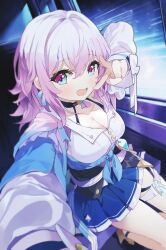 Rule 34 | 1girl, :d, absurdres, anklet, aqua eyes, black choker, blue skirt, blurry, blush, breasts, choker, cleavage, collarbone, collared shirt, coria, depth of field, highres, honkai: star rail, honkai (series), indoors, jacket, jewelry, long sleeves, looking at viewer, march 7th (honkai: star rail), medium breasts, medium hair, motion blur, open collar, open mouth, outstretched arm, pink eyes, pink hair, pleated skirt, selfie, shirt, sidelocks, sitting, skirt, smile, solo, thighlet, tied jacket, train interior, two-tone eyes, white shirt