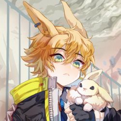 Rule 34 | 1boy, :&lt;, animal, animal ears, arknights, black gloves, black jumpsuit, blonde hair, blue necktie, chinese commentary, closed mouth, cloud, cloudy sky, commentary request, day, fingerless gloves, gloves, green eyes, hair between eyes, highres, holding, holding animal, jacket, jumpsuit, leonhardt (arknights), male focus, necktie, open clothes, open jacket, outdoors, rabbit, rabbit ears, railing, short hair, sky, solo, teeth, upper teeth only, zisang