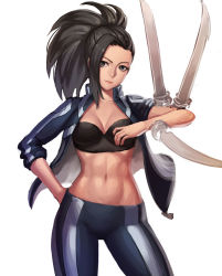 Rule 34 | 10s, 1girl, abs, black hair, blade, boku no hero academia, breasts, cleavage, diestro, hair over one eye, hand on own hip, jacket, lips, long hair, midriff, navel, open clothes, open jacket, ponytail, sleeves rolled up, solo, yaoyorozu momo