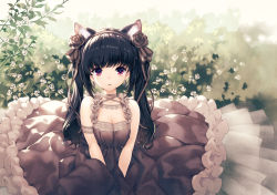 Rule 34 | 1girl, absurdres, animal ear fluff, animal ears, barefoot, black flower, black hair, black hairband, black rose, breasts, bush, cat ears, cat girl, cleavage, collared shirt, day, dress, earrings, flower, frilled dress, frills, hair flower, hair ornament, hairband, highres, hirano katsuyuki, jewelry, layered dress, long hair, looking at viewer, original, outdoors, parted lips, purple dress, purple eyes, rose, shirt, sleeveless, sleeveless dress, small breasts, solo, twintails, white flower, white rose