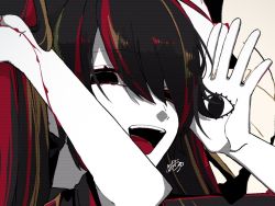 Rule 34 | 1girl, :d, black eyes, black hair, blood, blood drip, blood on hands, colored skin, drawn on eyes, eiku, fox mask, hair between eyes, hatsune miku, looking at viewer, mask, multicolored hair, musunde hiraite rasetsu to mukuro (vocaloid), open mouth, protected link, signature, smile, solo, twintails, two-tone hair, vocaloid, white skin