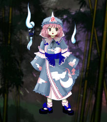 Rule 34 | 1girl, blue bow, blue footwear, blue hat, blue kimono, blurry, blurry background, bow, cloud print, footwear bow, forest, full body, hat, hitodama, japanese clothes, kimono, long sleeves, looking at viewer, mob cap, nature, official style, open mouth, otohime tw, outdoors, pink eyes, pink hair, saigyouji yuyuko, short hair, solo, standing, touhou, triangular headpiece, white legwear, wide sleeves, zun (style)