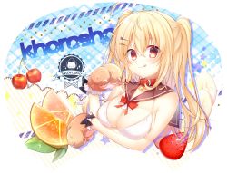 Rule 34 | 1girl, :q, animal hands, banana, banana slice, bare shoulders, bell, belt collar, blonde hair, blush, bra, breasts, brown sailor collar, buckle, cat hair ornament, cherry, chihiro (khorosho), circle name, cleavage, collar, collarbone, commentary request, cropped torso, food, fruit, hair between eyes, hair ornament, hairclip, hand up, leaf, long hair, looking at viewer, medium breasts, neck bell, orange (fruit), orange slice, original, red collar, red eyes, sailor collar, shadow, solo, sparkle, star (symbol), star hair ornament, starry background, strawberry, striped, striped background, tongue, tongue out, transparent background, two side up, uchiwa (medium), underwear, upper body, white bra