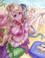Rule 34 | 2girls, alternate costume, barefoot, beach, bead necklace, beads, bikini, black nails, blue hair, bracelet, braid, breasts, choker, cleavage, colored skin, cup, disposable cup, drinking, drinking straw, eyewear on head, flat chest, highres, ice, ice cube, innertube, jewelry, jinx (league of legends), league of legends, long hair, multiple girls, nail polish, navel, necklace, order of the banana soraka, outdoors, pointy ears, poro (league of legends), pote0508, purple eyes, purple skin, sand, sitting, smile, soraka (league of legends), sunglasses, sweatdrop, swim ring, swimsuit, tattoo, twitter username, very long hair, wading pool