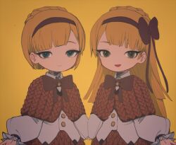 Rule 34 | 1boy, 1girl, blonde hair, blue eyes, braid, brown capelet, brown hairband, brown ribbon, brown skirt, buttons, cable knit, capelet, closed mouth, commentary request, crown braid, green eyes, hairband, lobotomy corporation, long hair, long sleeves, matching outfits, neck ribbon, no nose, notsu (mxtsxno), open mouth, project moon, ribbon, shirt, simple background, skirt, smile, tiphereth a (project moon), tiphereth b (project moon), white shirt, yellow background