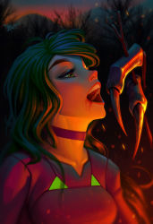 Rule 34 | 1girl, absurdres, alternate color, blood, blood on face, bodysuit, breasts, campfire, choker, claws, collarbone, commentary, cooking, danderfull, english commentary, eyelashes, eyeshadow, green eyes, green hair, highres, justin bailey, lips, long hair, makeup, medium breasts, metroid, metroid (classic), nintendo, nose, official alternate costume, open mouth, purple bodysuit, purple choker, samus aran, solo, stick, sunset, teeth, thick eyebrows, upper teeth only, when you see it