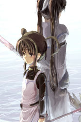 Rule 34 | 00s, 2girls, aged down, back-to-back, blush, brown eyes, brown hair, cloak, dual persona, ex-keine, head out of frame, holding, holding weapon, kamishirasawa keine, long hair, long sleeves, lyrical nanoha, mahou shoujo lyrical nanoha, multiple girls, polearm, raising heart, short hair, solo focus, standing, takamachi nanoha, takamachi nanoha (exceed mode), takamachi nanoha (original mode), time paradox, twintails, two side up, very long hair, weapon