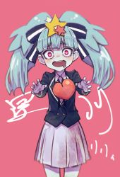 Rule 34 | 1girl, blue hair, blue skin, character name, colored skin, commentary request, drooling, hair ornament, hair ribbon, heart, heart-shaped pupils, heart in eye, hoshikawa lily, kakura mina, long hair, open mouth, pink background, reaching, reaching towards viewer, red eyes, ribbon, skirt, solo, spoilers, star (symbol), star hair ornament, symbol-shaped pupils, symbol in eye, zombie, zombie land saga