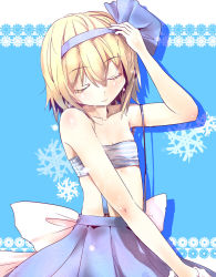 Rule 34 | 1girl, alice margatroid, alice margatroid (pc-98), bandeau, bare shoulders, blonde hair, culter, closed eyes, female focus, flat chest, hairband, highres, no shirt, short hair, skirt, smile, solo, strapless, suspenders, touhou, touhou (pc-98), tube top