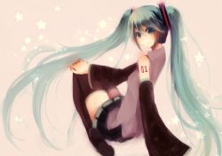 Rule 34 | 1girl, bad id, bad pixiv id, detached sleeves, female focus, gradient background, green eyes, green hair, hatsune miku, long hair, looking back, matching hair/eyes, skirt, solo, syutyou, thighhighs, twintails, very long hair, vocaloid