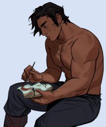 Rule 34 | 1boy, amon (legend of korra), avatar legends, bara, black hair, dark-skinned male, dark skin, facial hair, from side, half-closed eyes, highres, holding, holding mask, long sideburns, male focus, mask, muscular, muscular male, painting (action), pants, pectorals, profile, sideburns, sideburns stubble, sitting, solo, sparse arm hair, sparse chest hair, stubble, the legend of korra, vita-divata