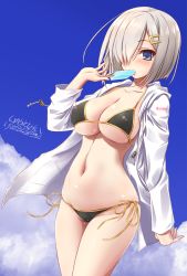 Rule 34 | 1girl, 2020, bikini, black bikini, blue eyes, blue sky, blush, breasts, cameltoe, clothes writing, cloud, collarbone, covered erect nipples, cowboy shot, dated, eating, food, groin, hair ornament, hair over one eye, hairclip, hamakaze (kancolle), hand up, holding, hood, hood down, hoodie, inoue tomii, kantai collection, large breasts, long sleeves, looking at viewer, open clothes, open hoodie, outdoors, popsicle, shiny skin, side-tie bikini bottom, silver hair, skindentation, sky, swimsuit, thighs, underboob, white hoodie
