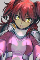 Rule 34 | 1girl, bodysuit, earrings, freckles, gundam, gundam 00, hungry clicker, jewelry, long hair, looking at viewer, nena trinity, pilot suit, pink bodysuit, red hair, solo, two side up, yellow eyes