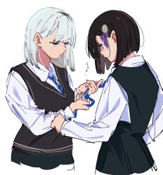 Rule 34 | 2girls, atenaba, black dress, black hair, black skirt, black sweater vest, blue eyes, blue necktie, blush, closed mouth, collared shirt, commentary request, dress, earrings, gradient hair, grey hair, hair behind ear, hand on another&#039;s arm, highres, jewelry, medium hair, multicolored hair, multiple girls, necktie, original, pinafore dress, roots (hair), school uniform, shirt, short hair, simple background, skirt, sleeveless, sleeveless dress, sweatdrop, sweater vest, tongs, translation request, tying necktie, white background, white hair, white shirt
