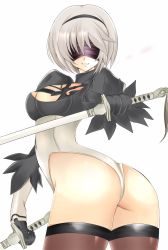 Rule 34 | 1girl, android, ass, black gloves, black hairband, blindfold, breasts, cleavage, dual wielding, gloves, gt667, hairband, highleg, highleg leotard, highres, holding, katana, leotard, looking at viewer, nier (series), nier:automata, parted lips, shiny skin, short hair, silver hair, smile, solo, sword, thighhighs, thong leotard, weapon, 2b (nier:automata)