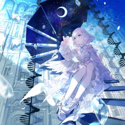 Rule 34 | 1girl, bird, blue eyes, castle, commentary request, crescent moon, criss-cross halter, dress, earrings, floating, floating object, frilled dress, frilled shirt collar, frills, full body, fuzichoco, halterneck, high collar, high heel sneakers, high heels, highres, holding, jewelry, long sleeves, looking at object, moon, off-shoulder dress, off shoulder, original, puffy long sleeves, puffy sleeves, short hair, showgirl skirt, sitting, sitting on stairs, solo, stairs, thighs, white dress, white footwear, white hair, white legwear, white wings, wings