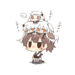 Rule 34 | 10s, 4girls, abyssal ship, aircraft carrier princess, anger vein, black eyes, blush, brown hair, chibi, chibi on head, clenched teeth, horns, kaga (kancolle), kantai collection, long hair, lowres, midway princess, mini person, minigirl, multiple girls, northern ocean princess, on head, one side up, person on head, rebecca (keinelove), red eyes, short hair, side ponytail, sitting, teeth, white hair