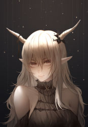 Rule 34 | 1girl, arknights, bare shoulders, black dress, brown eyes, chinese commentary, commentary request, dress, hair between eyes, highres, horns, long hair, looking at viewer, partial commentary, pointy ears, shining (arknights), silver hair, smile, solo, upper body, zhi wozi