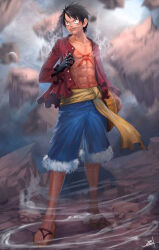 1boy abs black_eyes black_hair blue_shorts clenched_teeth commentary english_commentary facial_scar full_body hat holding holding_hat holding_unworn_clothes long_sleeves male_focus monkey_d._luffy one_piece open_clothes open_shirt outdoors pu_reum_lee red_shirt sandals scar scar_on_cheek scar_on_chest scar_on_face shirt short_hair shorts signature solo standing straw_hat teeth unworn_hat unworn_headwear