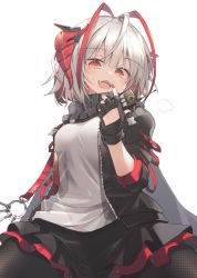 Rule 34 | 1girl, arknights, black gloves, black jacket, black skirt, blush, breath, commentary request, fingerless gloves, gloves, hand up, highres, holding, horns, jacket, looking at viewer, multicolored hair, nail polish, open mouth, pantyhose, red eyes, red hair, red nails, satou kibi, shirt, short hair, simple background, skirt, slit pupils, smile, solo, streaked hair, sweat, two-tone hair, w (arknights), white background, white hair, white shirt