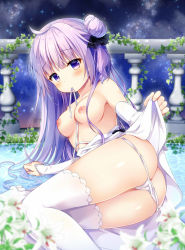 Rule 34 | 1girl, ahoge, ass, azur lane, black bow, black ribbon, blurry, blurry foreground, blush, bow, breasts, closed mouth, clothes pull, commentary request, depth of field, detached sleeves, dress, dress pull, flower, hair between eyes, hair bun, hair ribbon, lily (flower), long hair, long sleeves, looking at viewer, medium breasts, mouth hold, murasaki (murasakiiro no yoru), night, night sky, nipples, one side up, outdoors, panties, panty pull, plant, purple eyes, purple hair, ribbon, side bun, single hair bun, single side bun, sky, sleeves past wrists, solo, star (sky), starry sky, thighhighs, underwear, unicorn (azur lane), very long hair, water, white dress, white flower, white panties, white sleeves, white thighhighs