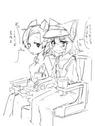 Rule 34 | 2girls, animal ears, bare shoulders, between legs, blush, breasts, chair, closed mouth, collarbone, cropped legs, cup, dress, drink, drinking straw, female focus, flat chest, fox ears, greyscale, half-closed eyes, hand between legs, hat, have to pee, holding hands, japanese text, legs together, looking at another, looking to the side, monochrome, multiple girls, mutoo, open mouth, original, overalls, shirt, short hair, short sleeves, simple background, sitting, sketch, sleeveless, sleeveless dress, small breasts, sweat, text focus, thought bubble, translation request, visor cap, wavy mouth, white background