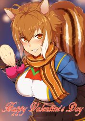Rule 34 | absurdres, animal ears, antenna hair, blazblue, blush, box, box of chocolates, breasts, brown hair, happy valentine, highres, large breasts, leaning forward, makoto nanaya, multicolored hair, orange eyes, purinnssu, scarf, school uniform, shirt, short hair, skirt, smile, solo, squirrel ears, squirrel tail, tail, taut clothes, taut shirt, two-tone hair, upper body