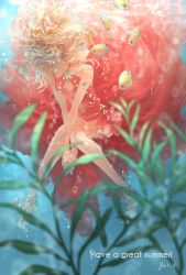 Rule 34 | 1girl, anklet, armlet, barefoot, blonde hair, blue eyes, circlet, dress, feet, highres, jewelry, navel, nemumi no sora, noses touching, original, shochuumimai, sitting, solo, summer, triangle, triforce, tropical fish, underwater