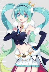 Rule 34 | breasts, fingerless gloves, fur trim, gloves, green eyes, green hair, hand on own hip, hatsune miku, long hair, looking at viewer, medium breasts, miniskirt, open mouth, pleated skirt, racing miku, skirt, smile, solo, vocaloid