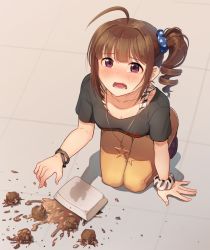 Rule 34 | 1girl, ahoge, blush, bracelet, breasts, brown hair, cleavage, collarbone, crying, crying with eyes open, drill hair, food, full body, idolmaster, idolmaster million live!, jewelry, kamille (vcx68), kneeling, looking at viewer, medium breasts, necklace, open mouth, purple eyes, scrunchie, short hair, side drill, solo, spill, star (symbol), star necklace, tears, wavy mouth, wrist scrunchie, yokoyama nao