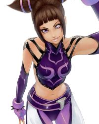 Rule 34 | 1girl, belt, black hair, bracelet, cropped legs, detached sleeves, eyelashes, fingerless gloves, gloves, glowing, glowing eye, halterneck, halterneck, han juri, highres, jewelry, lips, looking at viewer, midriff, multiple belts, nail polish, navel, nose, omar dogan, purple eyes, revision, short twintails, solo, spandex, spiked bracelet, spikes, street fighter, twintails