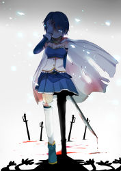 Rule 34 | 10s, 1girl, bad id, bad pixiv id, blood, blue eyes, blue hair, blue theme, cape, dripping, full body, hand over eye, mahou shoujo madoka magica, mahou shoujo madoka magica (anime), matching hair/eyes, miki sayaka, multiple hands, one eye covered, pun2, revision, short hair, solo, sword, tears, thighhighs, torn cape, torn clothes, weapon