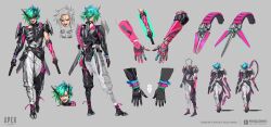 Rule 34 | 1girl, absurdres, alter (apex legends), apex legends, arrow (symbol), artist name, black footwear, black gloves, black sclera, blue hair, colored sclera, commentary, concept art, copyright name, english commentary, gloves, green hair, grey background, grey pants, head tilt, highres, horns, logo, looking at viewer, mechanical arms, mechanical horns, mechanical tentacles, multicolored hair, multiple views, official art, pants, parted lips, ponytail, production art, respawn entertainment, short hair, single mechanical arm, smile, third-party source, two-tone hair, walking, white eyes, yang niangniang