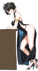 Rule 34 | 1girl, absurdres, azur lane, baltimore (azur lane), baltimore (evening breeze minuet) (azur lane), black dress, black footwear, black hair, breasts, cleavage, commentary request, desk, dress, evening gown, hair between eyes, high heels, highres, kimuwaipu, large breasts, leaning forward, looking at viewer, looking to the side, short hair, side slit, simple background, single bare shoulder, smile, solo, thighs, white background, yellow eyes
