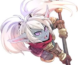 Rule 34 | 1girl, armor, blue skin, brown gloves, colored skin, gloves, league of legends, long hair, non (nonzile), open mouth, pointy ears, poppy (league of legends), purple eyes, purple hair, solo, transparent background, twintails, weapon, white background, white hair, yordle