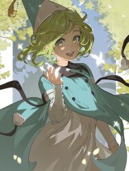 Rule 34 | 1girl, :d, aqua cloak, aqua hat, bug, butterfly, buttons, coco (tongari boushi no atelier), dress, floating clothes, floating hair, foliage, green eyes, green hair, hand up, hat, highres, insect, long sleeves, looking at viewer, magic, milka (milk4ppl), open mouth, pointy hat, qifrey&#039;s atelier apprentice uniform, robe, short hair, smile, solo, teeth, tongari boushi no atelier, upper teeth only, white dress, witch, wizard hat