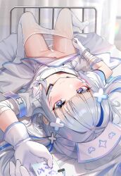Rule 34 | + +, 1girl, absurdres, amane kanata, amane kanata (nurse), apron, bandaged arm, bandages, bed, blue eyes, blue hair, blunt bangs, blush, breasts, bu leike, card, choppy bangs, closed mouth, clothes lift, clothes pull, downblouse, dress, dress lift, frilled apron, frills, gloves, grey hair, hair ornament, hat, highres, holding, holding card, hololive, hospital bed, id card, looking at viewer, lying, multicolored hair, navel, nurse, nurse cap, official alternate costume, official alternate hair length, official alternate hairstyle, on back, on bed, pantyhose, pantyhose pull, pink hair, pulling own clothes, purple eyes, short sleeves, single hair intake, small breasts, smile, solo, streaked hair, twintails, upside-down, virtual youtuber, white apron, white dress, white gloves, white pantyhose, x hair ornament