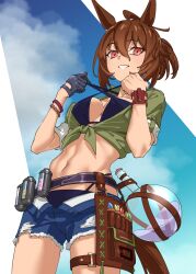 Rule 34 | 1girl, agnes tachyon (lunatic lab) (umamusume), agnes tachyon (umamusume), ahoge, animal ears, belt, bikini, bikini pull, bikini under clothes, black gloves, blue shorts, breasts, brown hair, canister, clothes pull, collarbone, commentary request, cowboy shot, cropped jacket, cutoffs, denim, denim shorts, ear ornament, emphasis lines, empty eyes, flask, from below, gloves, green jacket, hair between eyes, hands up, highres, horse ears, horse girl, horse tail, huge ahoge, jacket, leather wrist straps, linea alba, medium breasts, medium hair, midriff, navel, official alternate costume, official alternate hairstyle, open clothes, open fly, open shorts, parted lips, partial commentary, pulled by self, purple bikini, red eyes, short ponytail, short shorts, short sleeves, shorts, single glove, skindentation, smile, solo, stomach, swimsuit, swimsuit under clothes, tail, tanabe (fueisei), thigh belt, thigh strap, tied jacket, torn clothes, torn shorts, umamusume, unbuttoned, wrist straps