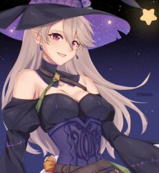 1girl artist_name bare_shoulders black_dress black_hat breasts cleavage commentary corrin_(female)_(fire_emblem) corrin_(female)_(halloween)_(fire_emblem) corrin_(fire_emblem) corset detached_collar dress earrings english_commentary fire_emblem fire_emblem_fates fire_emblem_heroes grey_hair grin hair_between_eyes halloween halloween_costume hat jewelry long_hair looking_at_viewer medium_breasts night night_sky nintendo off- official_alternate_costume pointy_ears red_eyes sky smile solo star_(sky) star_(symbol) symoca wide_sleeves witch_hat