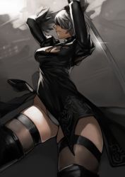 Rule 34 | 1girl, absurdres, bad id, bad twitter id, black dress, black gloves, black thighhighs, blindfold, breasts, brown thighhighs, cleavage, dress, gloves, hairband, highres, large breasts, leotard, mole, mole under mouth, nier:automata, nier (series), short hair, skindentation, skirt, solo, thighhighs, thighs, white gloves, white hair, white leotard, yomu (sgt epper), 2b (nier:automata)