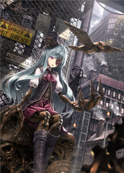 Rule 34 | 1girl, aqua hair, artificial eye, ascot, blurry, boots, brick, buckle, building, clock, clock tower, collared shirt, cross-laced footwear, day, depth of field, dress, dutch angle, fence, gauge, gears, gradient eyes, hat, highres, knee boots, lace-up boots, lamppost, long hair, machinery, mecha musume, mechanical arms, mechanical bird, mechanical eye, mechanical hands, mechanical legs, multicolored eyes, open mouth, original, outdoors, paper, industrial pipe, purple eyes, red eyes, ryosios, shirt, sign, silver hair, single mechanical hand, sitting, smokestack, solo, steampunk, steampunk girl (ryosios), top hat, tower, warning sign