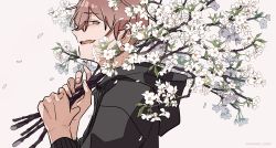 Rule 34 | 1boy, absurdres, branch, brown hair, cherry blossoms, commentary request, flower, from side, green eyes, grey hoodie, hands up, highres, holding, holding branch, hood, hood down, hoodie, kankara nashi, looking at viewer, male focus, open mouth, original, short hair, sideways glance, simple background, smile, solo, upper body, white background, white flower