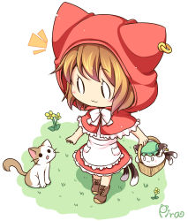 Rule 34 | 1girl, :3, apron, basket, bow, brown hair, capelet, cat, cat tail, chen, chen (cat), cosplay, day, dress, ear piercing, earrings, flower, hat, hat with ears, hood, jewelry, little red riding hood, little red riding hood (grimm), little red riding hood (grimm) (cosplay), mob cap, multiple tails, nekomata, o o, outdoors, piercing, pila-pela, red dress, single earring, tail, touhou, waist apron