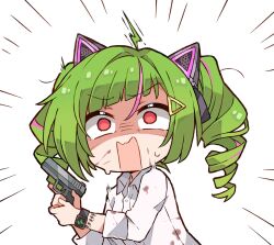 Rule 34 | 1girl, animal ear headphones, animal ears, blush stickers, cat ear headphones, chibi, commentary, delutaya, diagonal bangs, dirty, dirty clothes, dirty face, dress shirt, drill hair, english commentary, fake animal ears, green hair, gun, hair ornament, handgun, headphones, highres, holding, holding gun, holding weapon, indie virtual youtuber, kukie-nyan, long hair, looking at viewer, multicolored hair, open mouth, shirt, solo, stitches, streaked hair, tassel, tassel hair ornament, twin drills, twintails, virtual youtuber, weapon, white sleeves