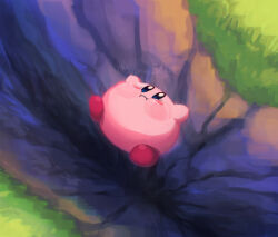 Rule 34 | :i, arms up, artist name, blue eyes, blush, blush stickers, chasm, cliff, closed mouth, commentary request, day, falling, full body, grass, kirby, kirby: right back at ya, kirby (series), looking at viewer, nintendo, no humans, outdoors, pitfall, puffy cheeks, scene reference, solo, suyasuyabi, twitter username