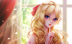 Rule 34 | 1girl, akih.hika, bare shoulders, blonde hair, closed mouth, curtains, day, dream orbital, elena (dream orbital), finger to mouth, index finger raised, indoors, light particles, long hair, long sleeves, looking at viewer, petals, portrait, purple eyes, red lips, red ribbon, ribbon, see-through, shushing, smile, solo, wavy hair, wind, window